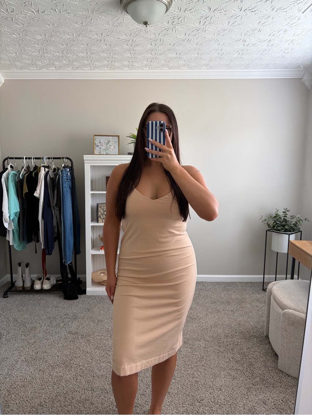 Zara Beige V‑Neck Sleeveless Bodycon Midi Dress